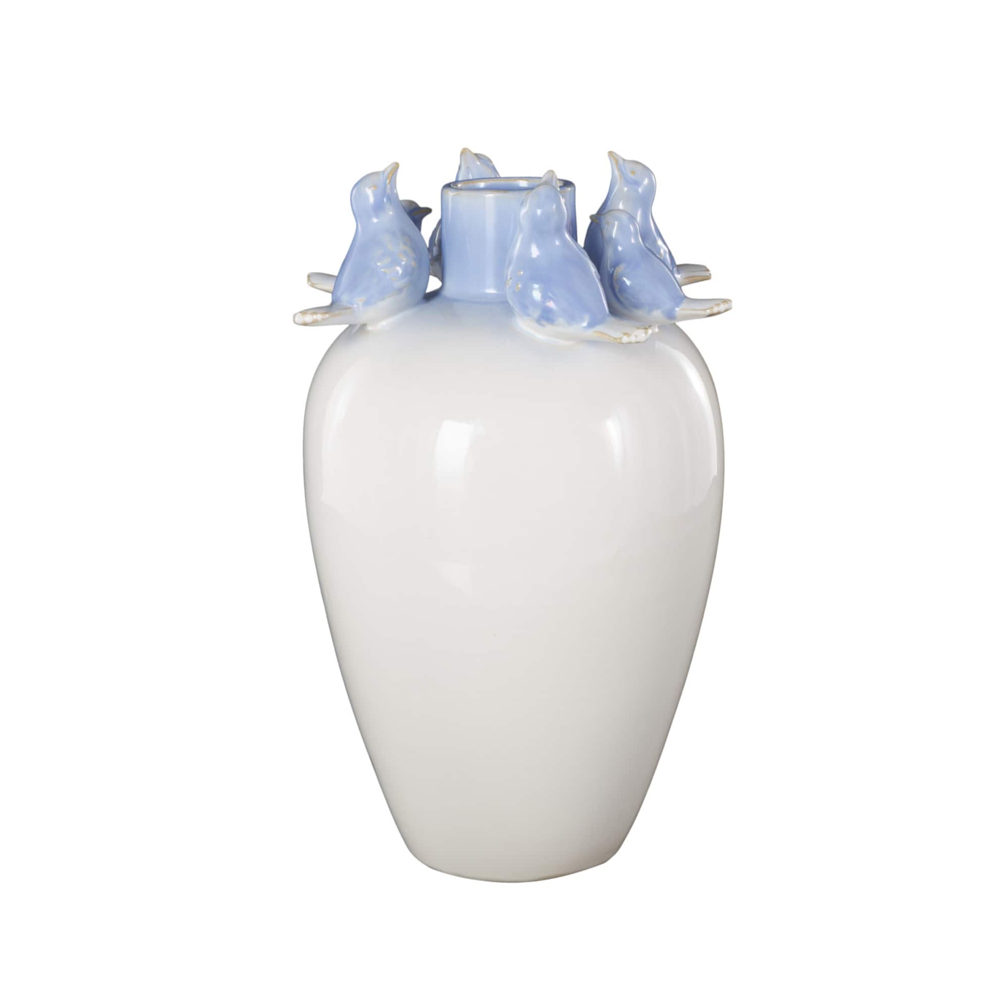 13" White Ceramic Bird Decorative Vase with Blue Accents